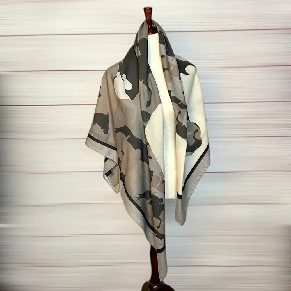 RANI ARABELLA Horse Racing Scarf Shawl Beige Taupe Cashmere Silk Wool ITALY 51”